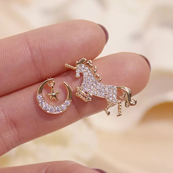 Tendzi Trends Jewelry - Crystal Asymmetrical Unicorn Moon Star Stud Earrin